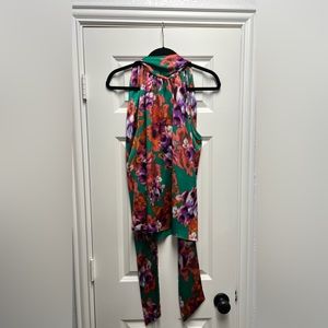 MISA Los Angeles Top in emerald green and bright purple and pink floral